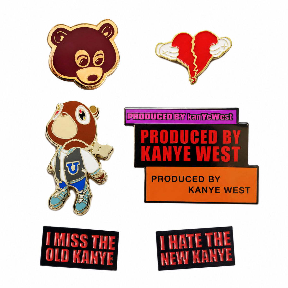 Six pins in The Ye Collection, including the updated Late Registration Bear pin