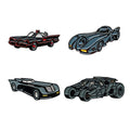 Four Gotham vehicle enamel pins, shown at relative scale