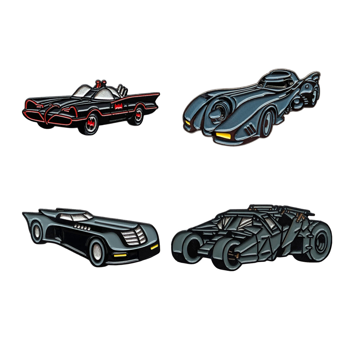 Four Gotham vehicle enamel pins, shown at relative scale