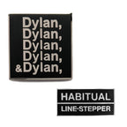 Hot Fire and Habitual Line-Stepper enamel pins, shown at relative scale