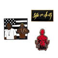 OutKast, Biggie and DMX inspired enamel pins, shown at relative scale